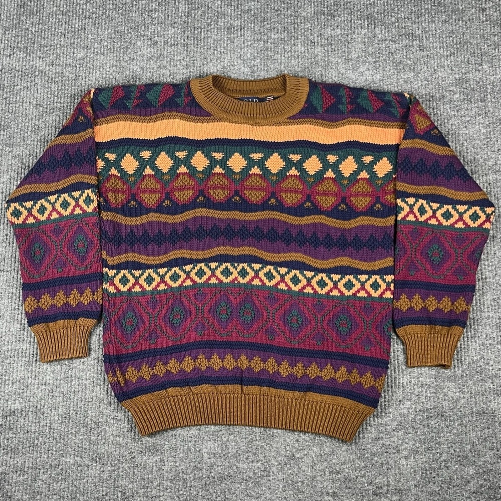 Vtg 90s Old Glory Sweater Mens M Cotton Geometric Baggy Made in USA Grandpa